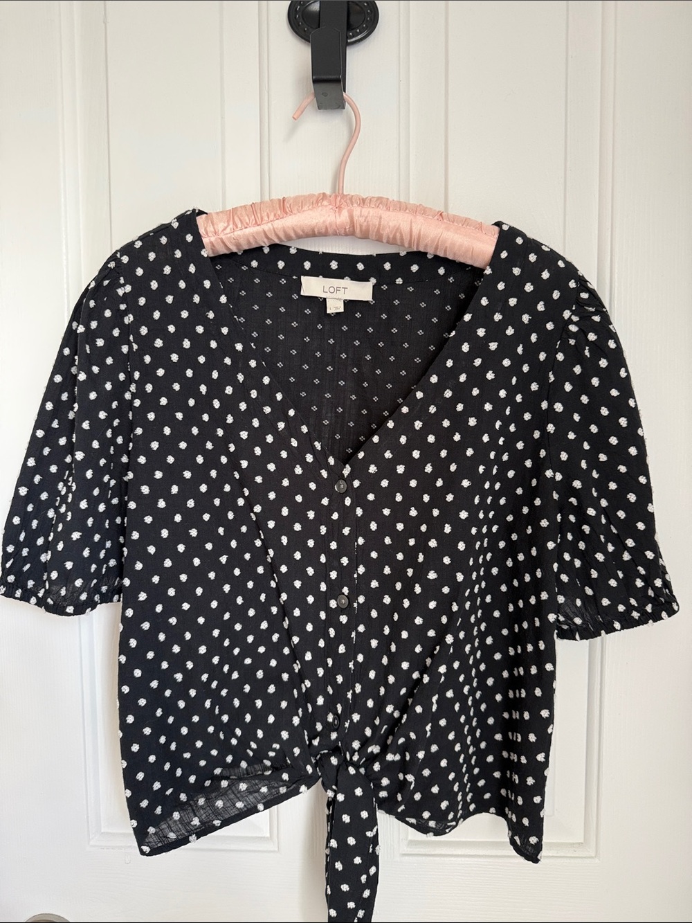 LOFT Black and White Polka Dot Tie-Front Blouse